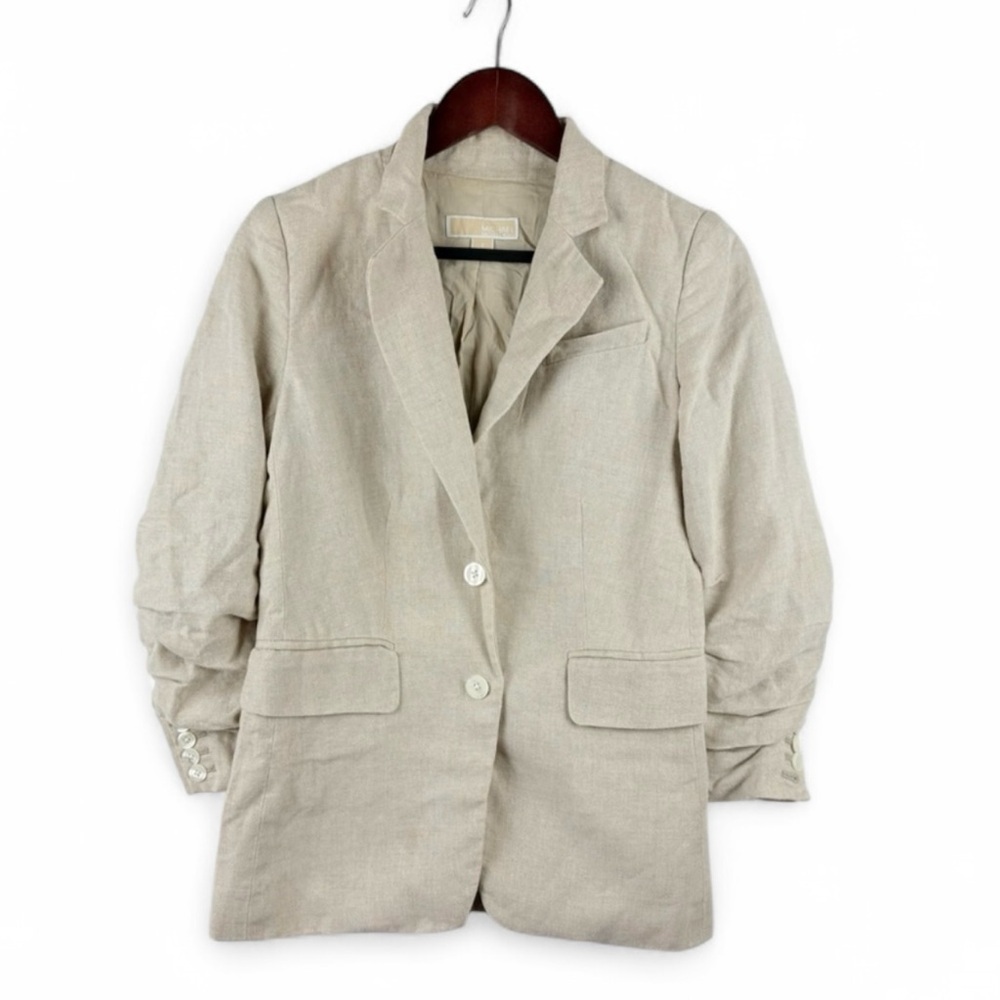 Michael Kors Women’s Linen Blazer Tan Beige Sz 2 Button Front Pockets Lined Chic